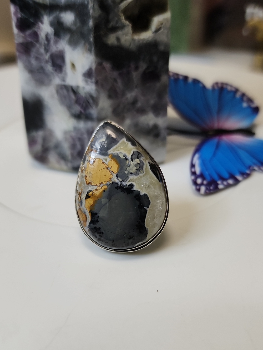Handcrafted Teardrop Jasper Statement Ring in Black, Gray & Gold